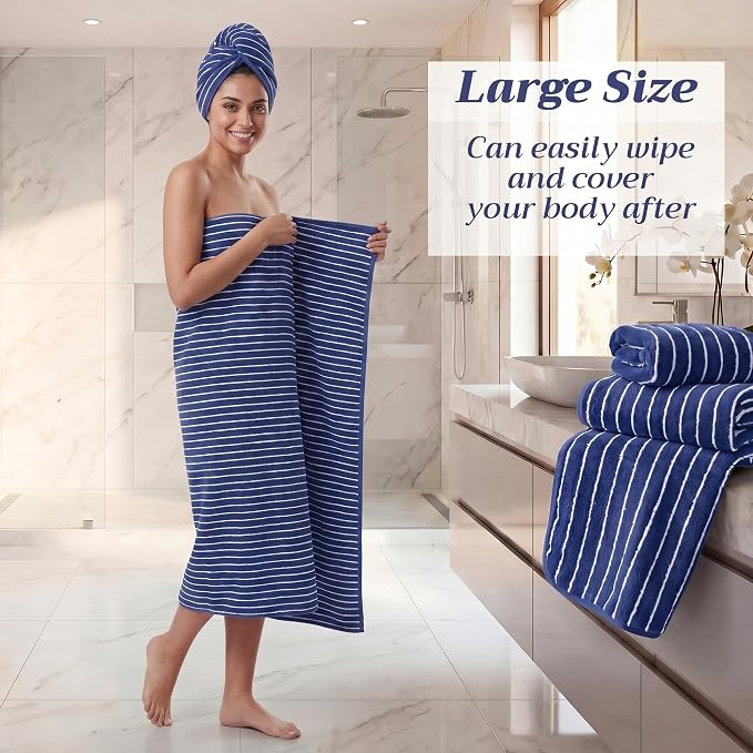 8 Pcs Oversized Bath Towels Set for Adults 40 x 80 Inches Extra Large Blue & White Striped Beach Towels Sheets Pool Shower Quick Jumbo Dry Absorbent Soft Microfiber for Hotel Bathroom