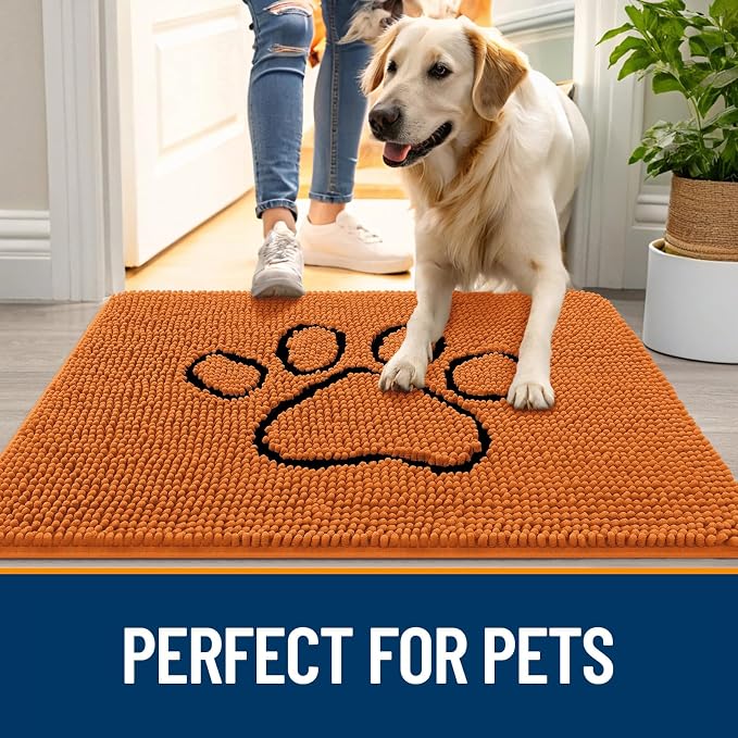OLANLY Dog Door Mat for Muddy Paws 30x20, Paw Print Design, Absorbs Moisture and Dirt, Absorbent Non-Slip Washable Doormat, Quick Dry Chenille Mud Mat for Dogs, Entry Indoor Entryway Carpet, Clay