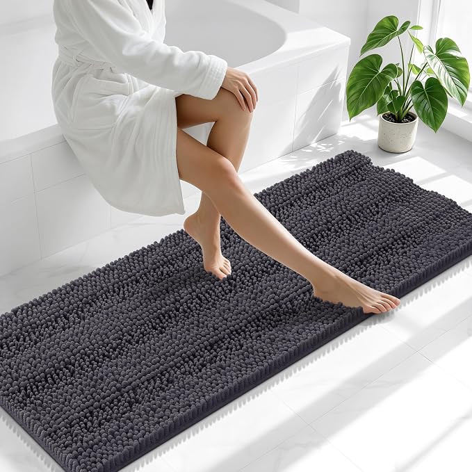 Smiry Thick Chenille Bathroom Runner Rugs 59x20, Absorbent Striped Bath Mat, Machine Washable, Rubber Backing, Extra Long Bath Rugs for Tub & Shower, Modern Home Decor Accessories, Dark Grey