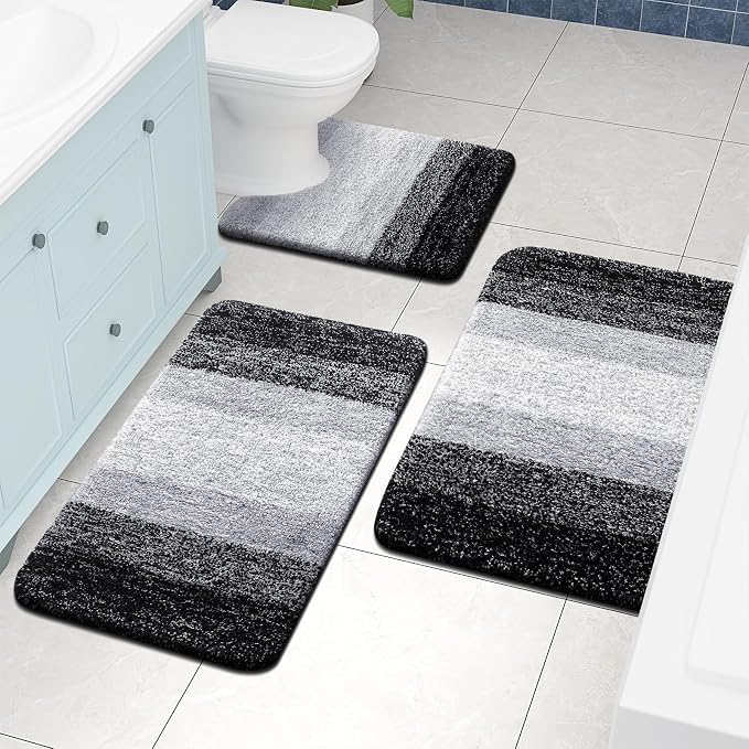 Arotive Microfiber Bathroom Rugs, Shaggy Soft and Absorbent Contour Toilet Rugs, Thick Plush Machine Washable Dry Bath Mats for Toilet Base, 24x20, Black, U-Shape