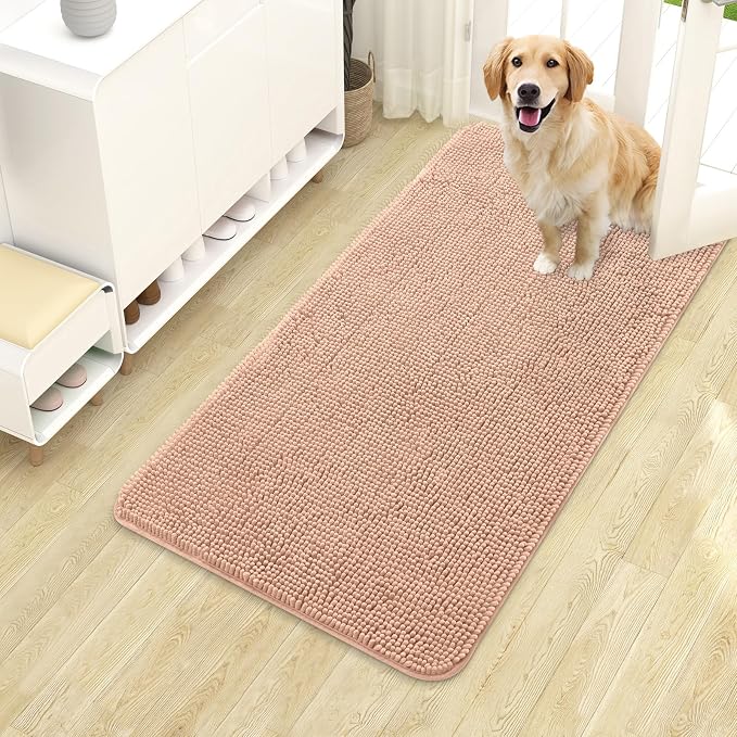 OLANLY Dog Door Mat for Muddy Paws 40x24, Absorbs Moisture and Dirt, Absorbent Non-Slip Washable Doormat, Quick Dry Chenille Mud Mat for Dogs, Entry Indoor Entryway Carpet for Inside Floor, Peach
