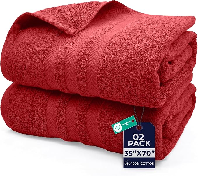 DAN RIVER 2 Pack Bath Sheets Extra Large 35x70, Large Bath Towels for Adults, XL Oversized Heavy Duty Towel Set, 600 GSM 100% Ring Spun Cotton, Soft Quick Dry, Red
