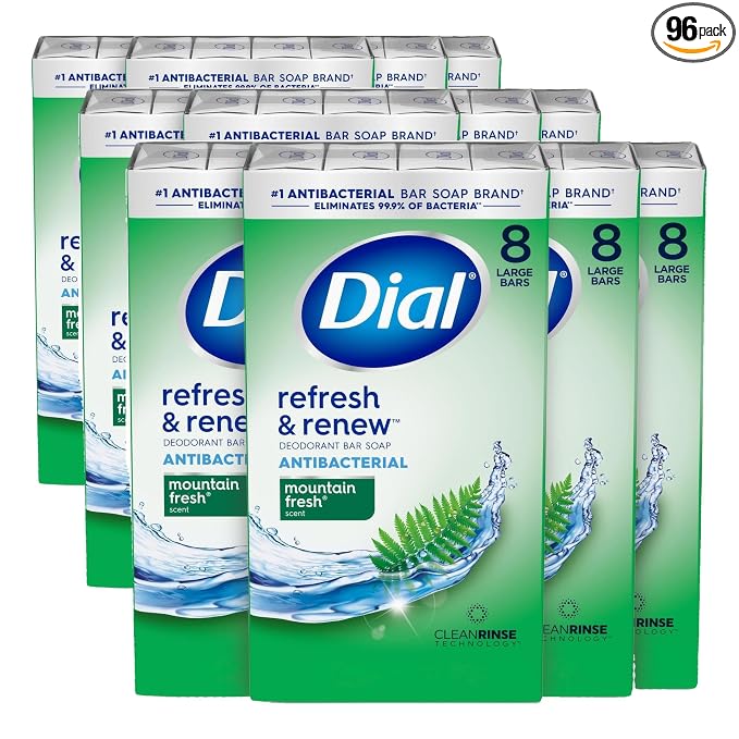 Dial Antibacterial Bar Soap, Refresh & Renew, Mountain Fresh, 4 oz, 32 Bars (Pack of 3)