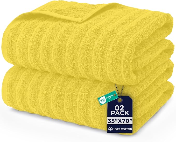 DAN RIVER Pack of 2 Bath Sheet 35x70 Inches, Ribbed Large Bath Towels Oversized for Adults, Soft and Absorbent Hotel Towels - Yellow