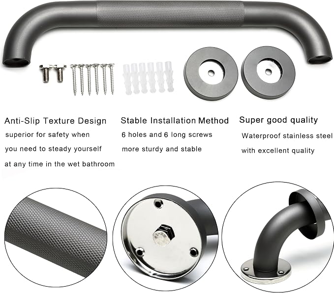 Shower Grab Bar, 2 Pack 24 Inch Gray Bathroom Grab Bar, 1.25" Diameter 304 Stainless Steel Anti-Slip Grab Bars for Bathtubs and Showers, Handicap Shower Grab Bar for Seniors Elderly