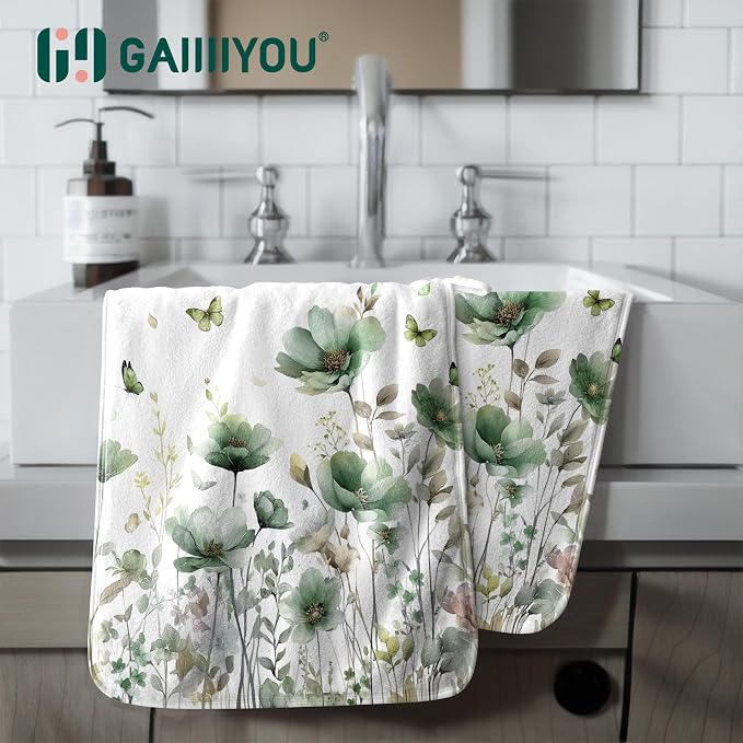 Sage Green Leaves Hand Towels Butterfly Floral Absorbent Microfiber Towel for Bathroom