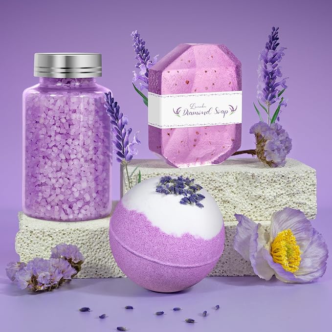 Qivatex Lavender Gift Set for Women, Relaxing Spa Bath Self Care Basket Set | Unique Purple Birthday, Christmas, Mothers Day, Valentines, Holiday Gift, Gift for Her, Mom, Wife, Girlfriend, Sister, Auntie