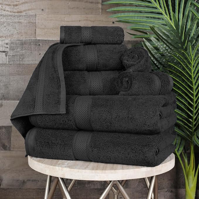 Superior Egyptian Cotton Ultra Plush & Absorbent, 8 Piece Set, Black | Quick Dry, Soft Luxury Towel Set, Bath Essentials, Guest Bath, Spa, 2 Bath, 2 Hand, 4 Face Towels, Madeline Towels