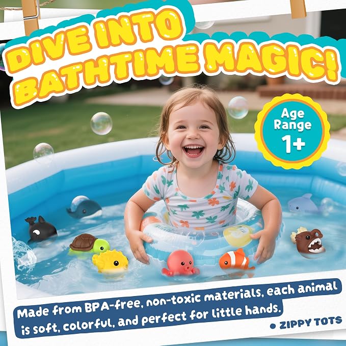 Zippytots 8 PCS Ocean Animal Bath Toys Mold Free Infant Bath Tub Toys for 12 Months - No Hole Bathtub Toys for Toddlers 1-3 Water Pool Toys for Baby Toddler Ages 1+