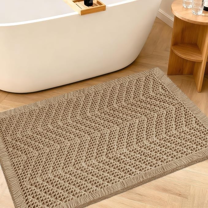 Upgraded Waffle Bath Mat, 32"x20" Beige-Herringbone, Super Absorbent Non-Slip Quick Dry Bathroom Rugs with Tassels, Machine Washable Ultra Soft Boho Bath Rugs, Toilet Mats Boho Farmhouse Decor