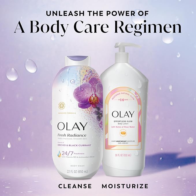 Olay Body Wash for Women, Fresh Radiance, 24/7 Skin-Loving Freshness, Visibly Radiant, Plant Based Cleansers, Vitamin B3 & Antioxidant Blend, For All Skin Types, Orchid & Black Currant Scent, 22 fl oz
