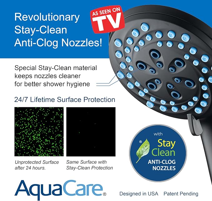 AquaCare Seen-On-TV High Pressure 8-mode Handheld Shower Head - 2-mode Power Wash to Clean Tub, Tile & Pets, Stay-Clean Nozzles, Extra Long 6 ft. Stainless Steel Hose, Wall & Overhead Brackets, Black