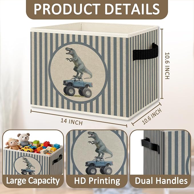 Dinosaur Truck Boy Nursery Foldable Storage Bins Box with Handles, Blue Striped Dino Dinosaur Truck Collapsible Organizer Basket for Boys Kids Bedroom Bathroom Playroom Clothes Books