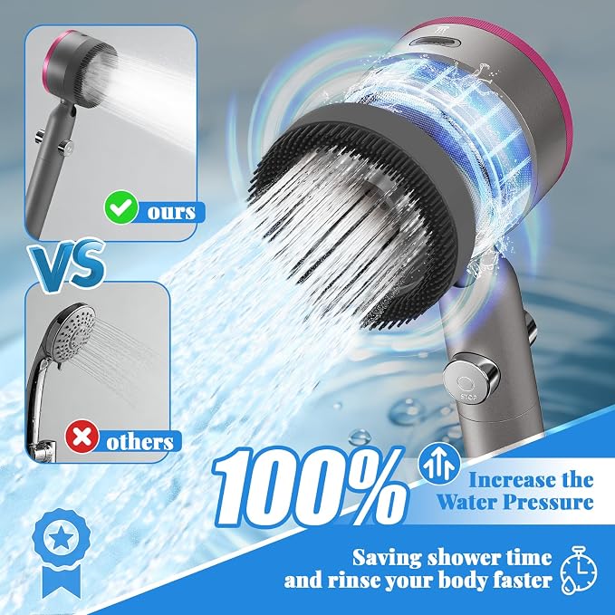 Filtered Handheld Shower Head, High Pressure Power Showerhead with 5 Filters & 59" Flexible Hose, 360° Rotating Adjustable Shower Head with Wall Holder & ON/Off Switch for Hair & Skin, Gray