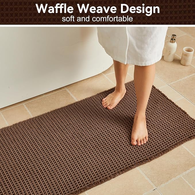 Triohero Waffle Bath Mat, Boho Bathroom Rugs Non Slip Washable, Ultra Soft Super Absorbent Quick Dry Farmhouse Bathroom Decor, 20" x 30", Mocha