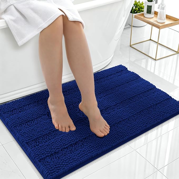 Smiry Thick Chenille Bathroom Rugs 36x24, Extra Soft Absorbent Striped Bath Mat, Machine Washable, Rubber Backing, Bath Rugs for Tub & Shower, Modern Home Decor Accessories, Navy