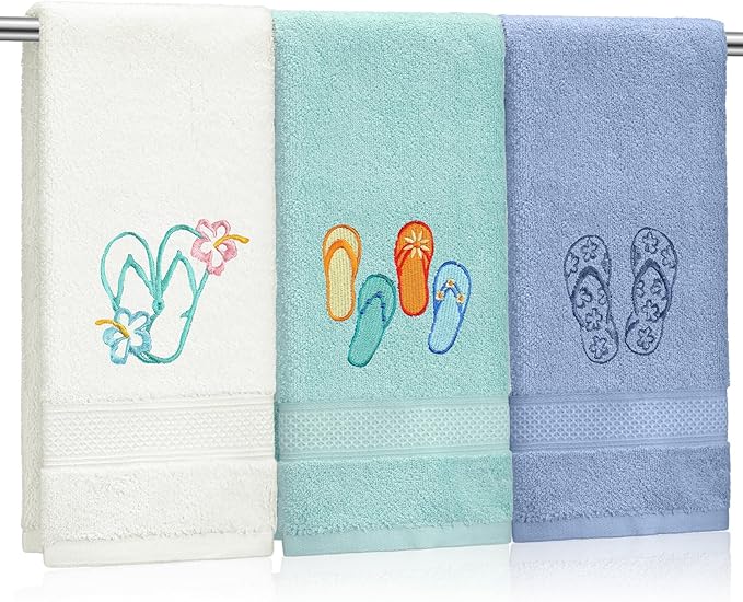 Hahafelt 3 Pack Coastal Hand Towels for Bathroom 100% Cotton Embroidered Beach Bathroom Towels 13.78 x 29.53 Inch Soft Absorbent (Flip Flops)
