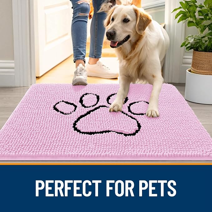 OLANLY Dog Door Mat for Muddy Paws 30x20, Paw Print Design, Absorbs Moisture and Dirt, Absorbent Non-Slip Washable Doormat, Quick Dry Chenille Mud Mat for Dogs, Entry Indoor Entryway Carpet, Pink