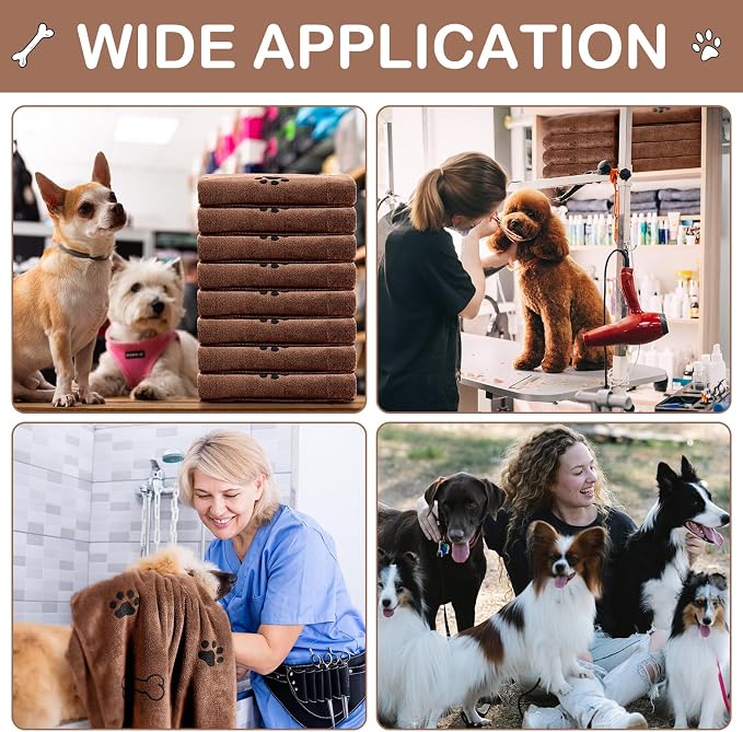 Chumia 8 Pcs Microfiber Dog Towels for Drying Dogs Cats 40 x 24 Inch Pet Towels Bulk for Large Puppy Absorbent Fast Drying Paw Bath Bathing Supplies for Pets(Dog Paw and Bone,Coffee)