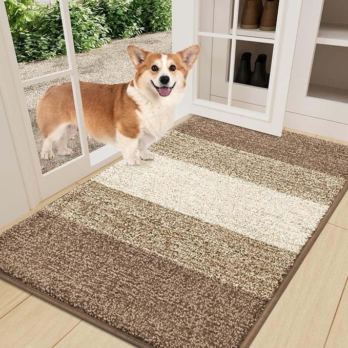 Smiry Dog Door Mat for Muddy Paws, Absorbs Moisture and Dirt, Low-Profile Entryway Mat with Non-Slip Backing, Entry Indoor Outdoor Doormat for Inside Floor (36x24 Inches, Khaki, Striped)