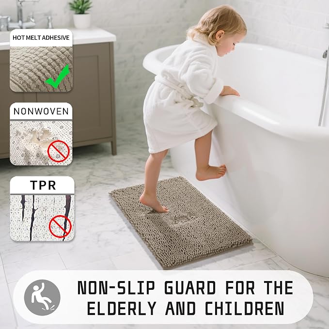 Yimobra Washable Bathroom Rugs, Super Soft & Absorbent Chenille Bath Mat for Floor & Carpet, Quick Dry Non Slip Bath Mat for Tub Shower, 32"x20",Camel