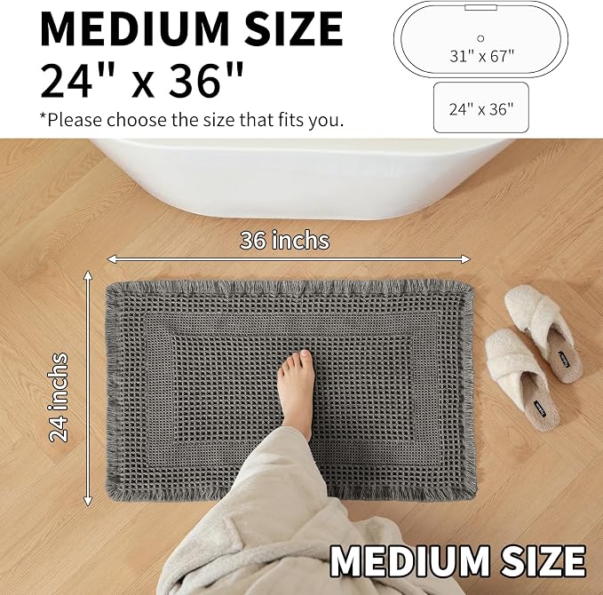Waffle Bath Mat - Super Water Absorbing Bath Mat Quick Dry, Bathroom Rugs Non Slip Washable with Tassels, Rubber Backed Bathroom Mat for Bathroom Floor, Tub and Shower, 24" x 36", Dark Grey