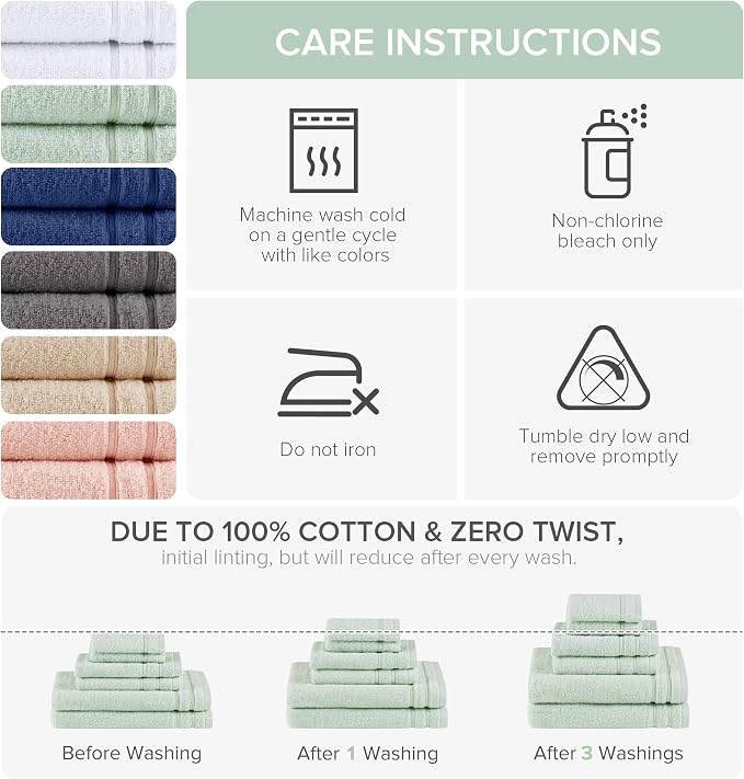 Comfort Spaces 6 Pc Towel Set, 100% Cotton Zero Twist, Seafoam Green | Zero Twist Cotton, Quick Dry Ultra Soft, 2 Bath 2 Hand 2 Washcloth, Lightweight Absorbent for Everyday Bathroom Use