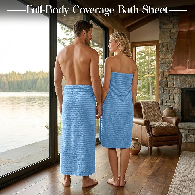 RIVERSIDE Pack of 2 Extra Large Bath Sheet Towels, 35 x 70 Inches, 600 GSM, Ribbed Stripe, 100% Cotton - Super Soft, Highly Absorbent & Quick Dry for Bathroom, Spa & Hotel, Electric Blue