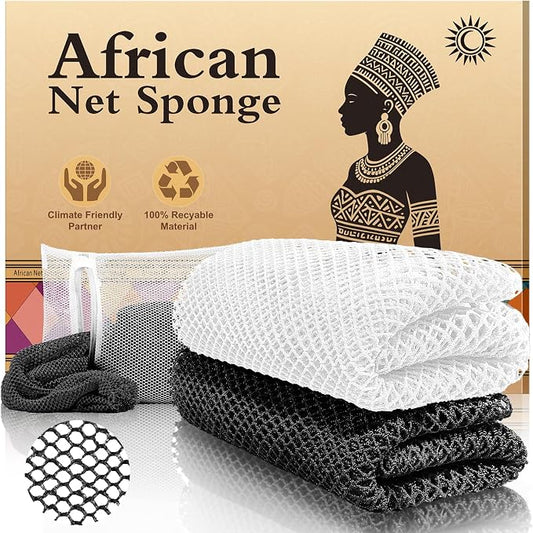 African Net Sponge Set (2 Pieces) - Premium Exfoliating Scrubber for Face & Body, Travel Portable, Durable, Gentle Exfoliation for Dry Skin(Blue,White)