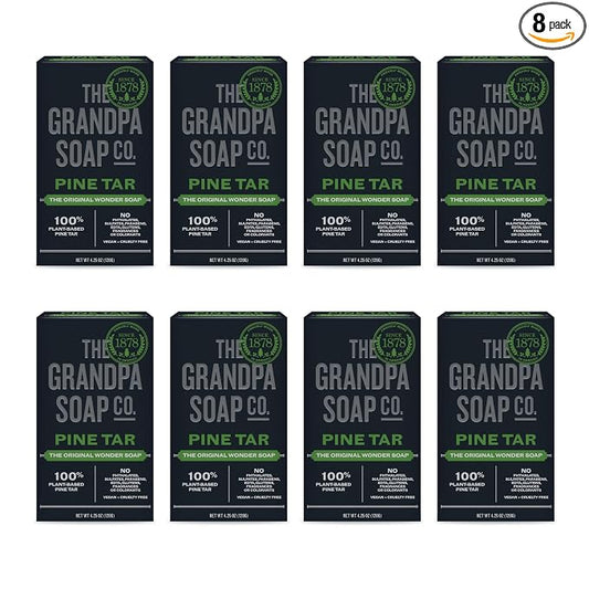 The Grandpa Soap Company Pine Tar Bar Soap for Men- Made With Pine Tar Oil, 3 in 1 Cleanser Deodorizer and Moisturizer, Dermatologist Tested, Safe for Sensitive Skin, 4.25 Oz, 8 Pack
