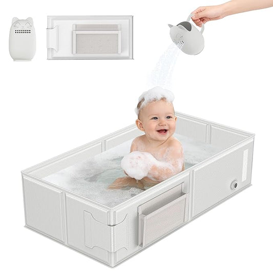 Baby Bathtub, Portable Bathtub with Cat-Patterned Bath Rinse Cup,Foldable Bath Tub for Small Bathroom,Toddler Tub for 6M-5Y,Ideal for Baby Travel Essentials & Baby Shower Gifts