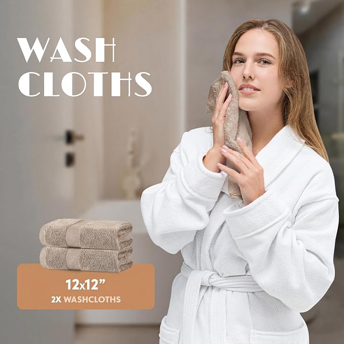 White Classic Taupe Bath Towel Set of 6-100% Cotton Highly Absorbent Towels for Bathroom, 2 Luxury Bath Towels 650GSM, 2 Hand Towels, 2 Washcloths