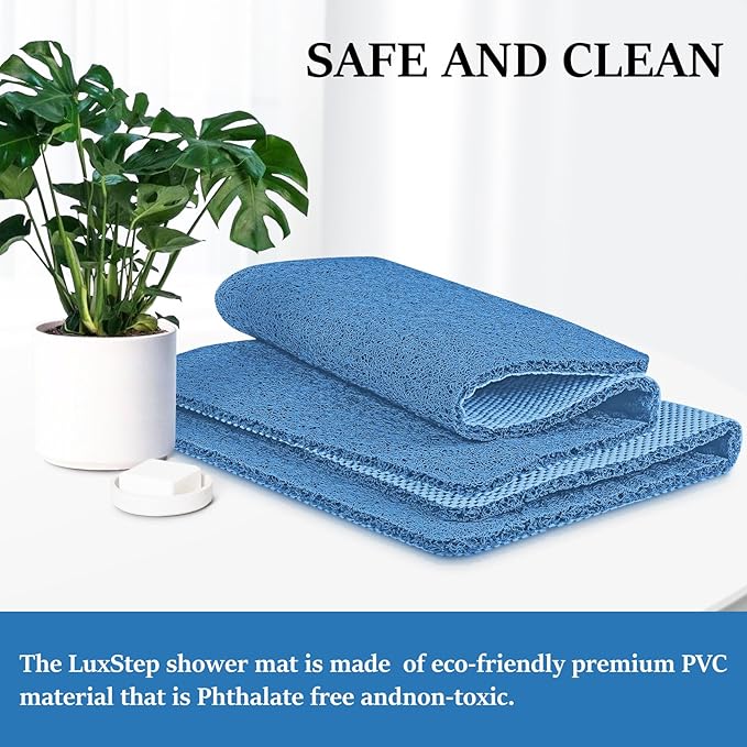 LuxStep Shower Mat Bathtub Mat,40x16 inch, Non-Slip Bath Mat with Drain, Quick Drying PVC Loofah Bathmat for Tub,Shower,Bathroom,Lake Blue
