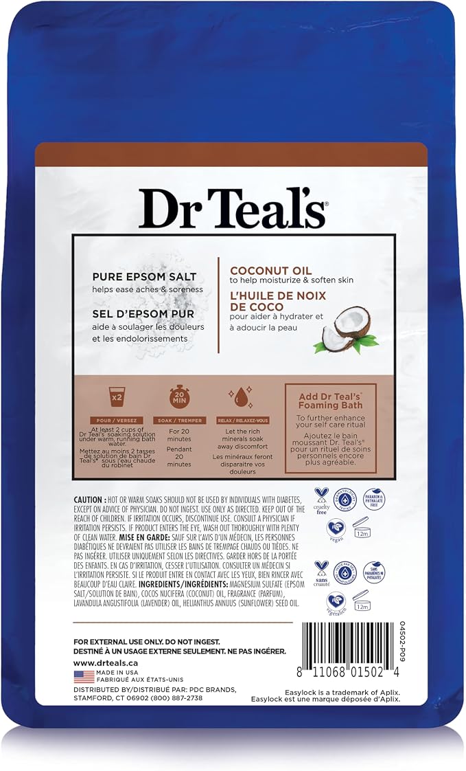 Dr Teal's Salt Soak with Pure Epsom Salt, Nourish & Protect with Coconut Oil, 3 lbs (Pack of 2)