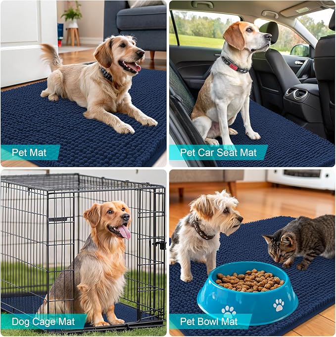OLANLY Dog Door Mat for Muddy Paws 30x17, Absorbs Moisture and Dirt, Absorbent Non-Slip Washable Doormat, Quick Dry Chenille Mud Mat for Dogs, Entry Indoor Entryway Carpet for Inside Floor, Dark Blue