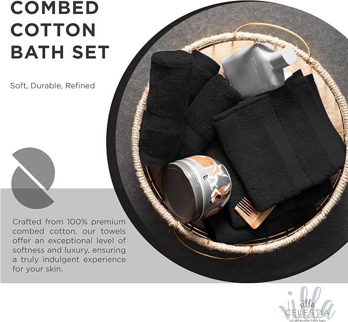 12-Piece 100% Cotton Towel Set, 4 Bath Towels, 4 Hand Towels, 4 Wash Cloth, Quick-Dry, Black