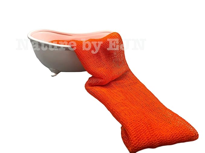 Net Bath Sponge, Ghana N1 Weave, Long, Skin Exfoliation, African, Porous, Stretches Horizontally to Approximately 49" (Orange).