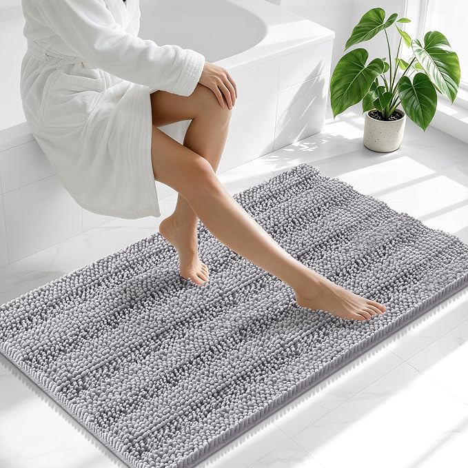 Smiry Thick Chenille Large Bathroom Rugs 45x27, Extra Soft Absorbent Striped Bath Mat, Machine Washable, Rubber Backing, Bath Rugs for Bathroom, Tub & Shower, Home Decor Accessories, Grey