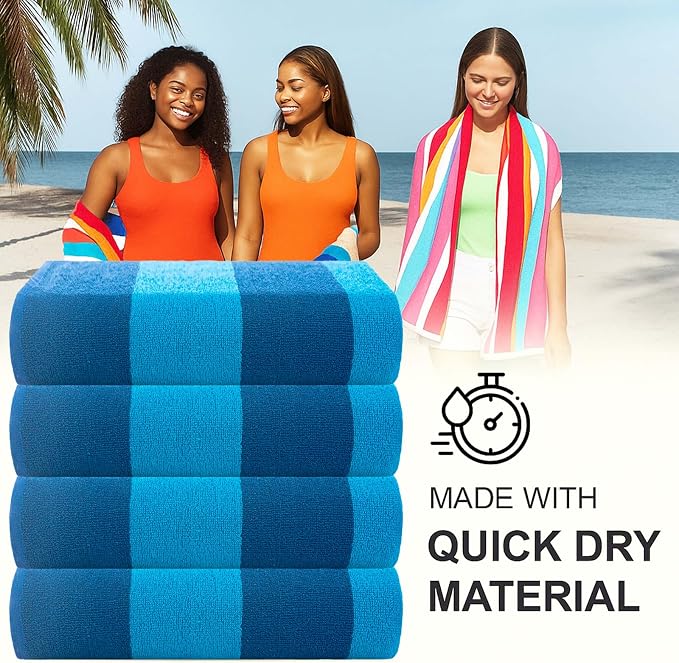 CASA COPENHAGEN Malibu Beach Towels Designed in Denmark Rough and Tough, Quick Dry, for Pool, Bath & Shower 30x60 inches 4 Pieces Cotton Beach Bath Towels Set - Blue