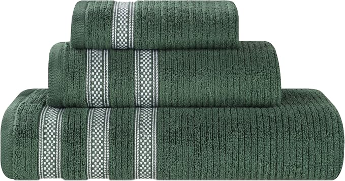 Superior Cotton 3-Piece Towel Set, Zero Twist, Ribbed Geometric, Bathroom Essentials, Shower, Spa, Luxury Plush Soft Absorbent Towels, Includes 1 Bath, 1 Hand, 1 Washcloth/Face Towel, Forest Green