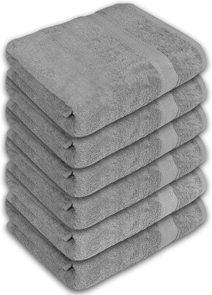 Bath Towels Pack of 6 – 24" x 50" – 100% Cotton Terry, Soft, Quick-Dry & Highly Absorbent – Light Grey Towels for Bathroom, Spa, Gym, Hotel, Pool & Everyday Use