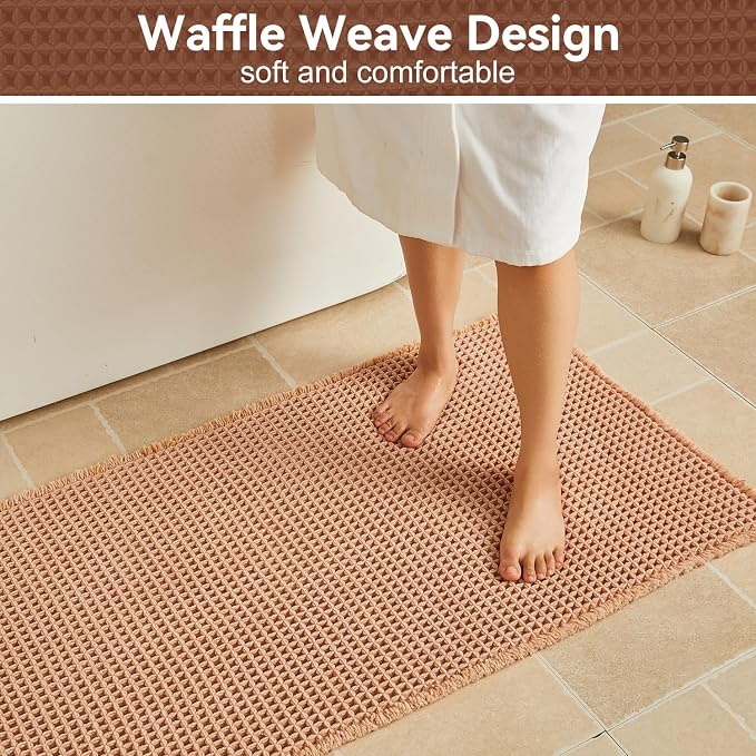 Triohero Waffle Bath Mat, Boho Bathroom Rugs Non Slip Washable, Ultra Soft Super Absorbent Quick Dry Farmhouse Bathroom Decor, 24" x 48", Light Peachy