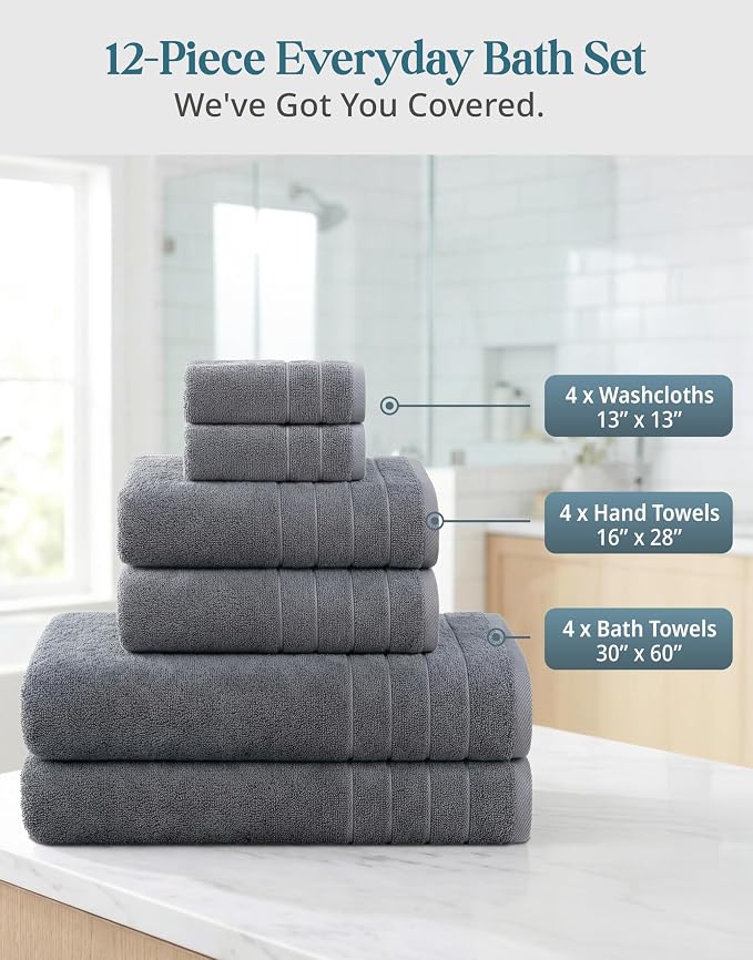 Casa Platino 100% Cotton Towels Set for Bathroom - 12 Pc Family Pack - Super Soft & Quick Dry - 4 Bath, 4 Washcloth, 4 Hand Towels - Oeko TEX Certified, Machine Washable & Durable - Cool Grey