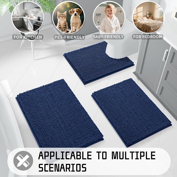 Yimobra Long Bathroom Rugs 47"x24", Extra Soft Non Slip Bath Mat for Tub, Super Absorbent Quick Dry Shaggy Rug Floor Carpet, Machine Washable,Navy Blue