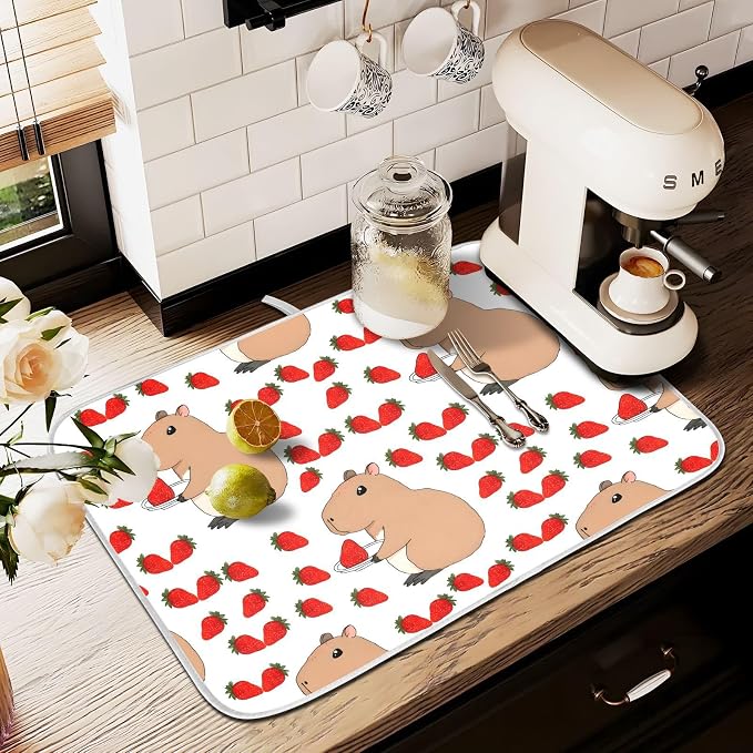 Cute Capybara Strawberry Dish Drying Mat, Absorbent Drainer Mats for Kitchen Counter Coffee Maker 24"x18"