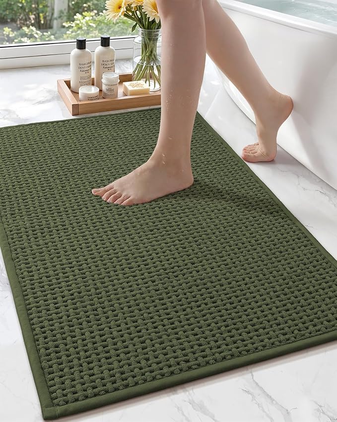 Color&Geometry Rubber Backed Waffle Bath Mat 30x17, Non Slip Water Washable Bathroom Rugs, Soft Absorbent Chenille Boho Carpet for Bathroom Floor, Tub and Shower, Green