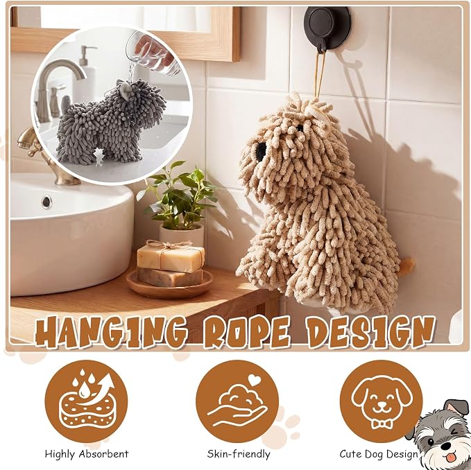 Tegeme 2 Pcs Chenille Dog Hand Towel Fuzzy Towel Absorbent Microfiber Soft for Bathroom Kitchen Washstand (Khaki Grey,Siting and Standing Dog)