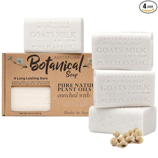 Australian Botanical Soap 6.5 OZ Pack of 4, Goat Milk Soap Bars with Soya Bean Oil, Enriched with Organic Shea Butter, Suitable for All Skin Types