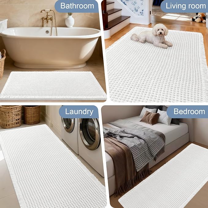 Upgraded Waffle Bath Mat Set 2 Piece White, Super Absorbent Non-Slip Quick Dry Bathroom Rugs with Tassels, Machine Washable Ultra Soft Boho Bath Rugs for Floor, Toilet Mats Boho Farmhouse Decor
