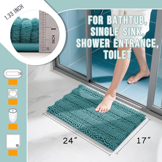 Yimobra Bathroom Rug Mat, Non Slip and Super Absorbent Bath Mat, Machine Washable Quick Dry, Ultra Plush Chenille Shower Rugs for Bathroom Floor Sink Tub and Shower Outside, Teal Blue, 24 x 17